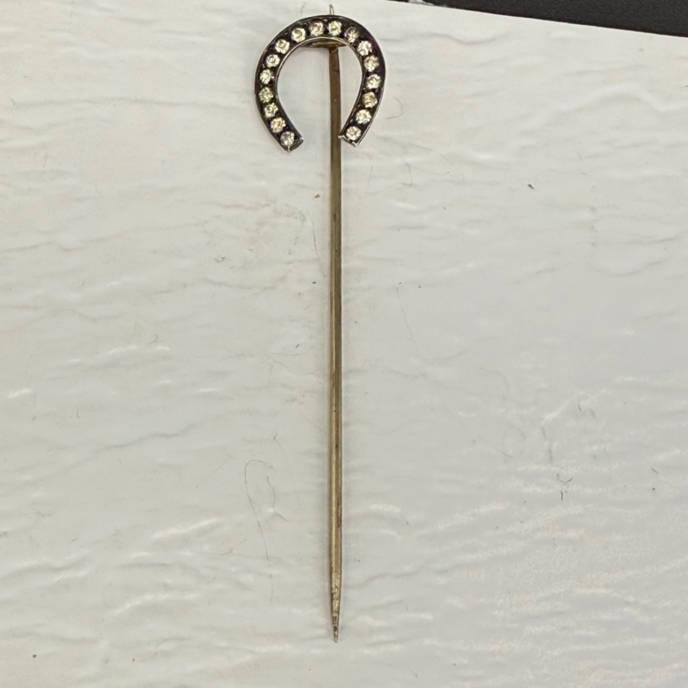 Vintage Estate Stick Pin Silver Rhinestone Horseshoe Victorian Luck 2.0g